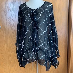 Lane Bryant Silk Sheer Black and White Button Ruffle Blouse